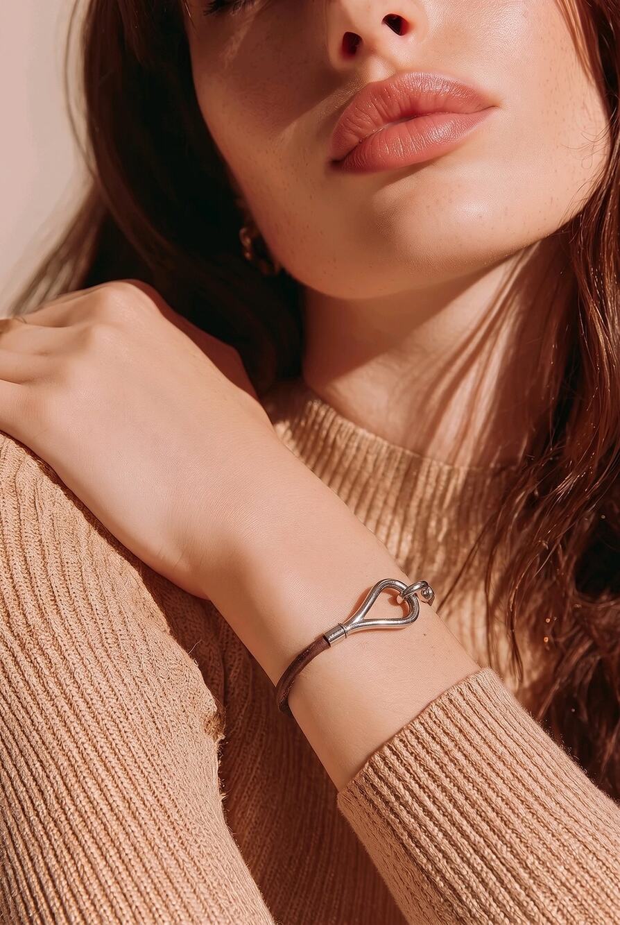 Authentic Hermès Jumbo Hook Double Tour Bracelet Brown Leather Palladium W/ Box